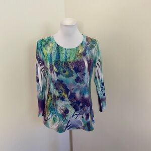 Impulse California Blue And Green Tropical Floral Print Long Sleeve Top